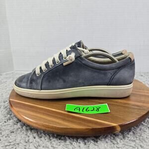 Ecco Womens 40 Soft 7 Blue Leather Distressed Casual Lace Up Daily Sneakers
